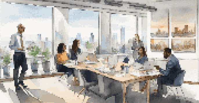 A diverse group of professionals having a collaborative meeting in a bright office with a city skyline view.