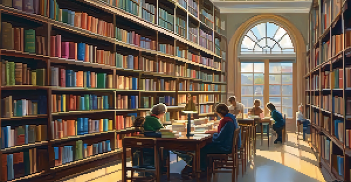 A cozy library filled with books and a librarian organizing popular titles, with warm lighting and patrons reading at tables.