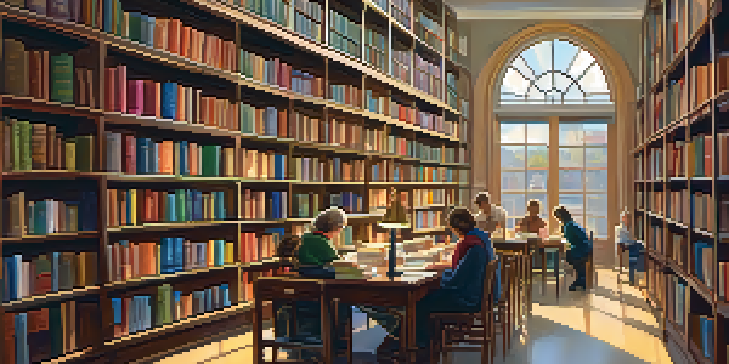 A cozy library filled with books and a librarian organizing popular titles, with warm lighting and patrons reading at tables.