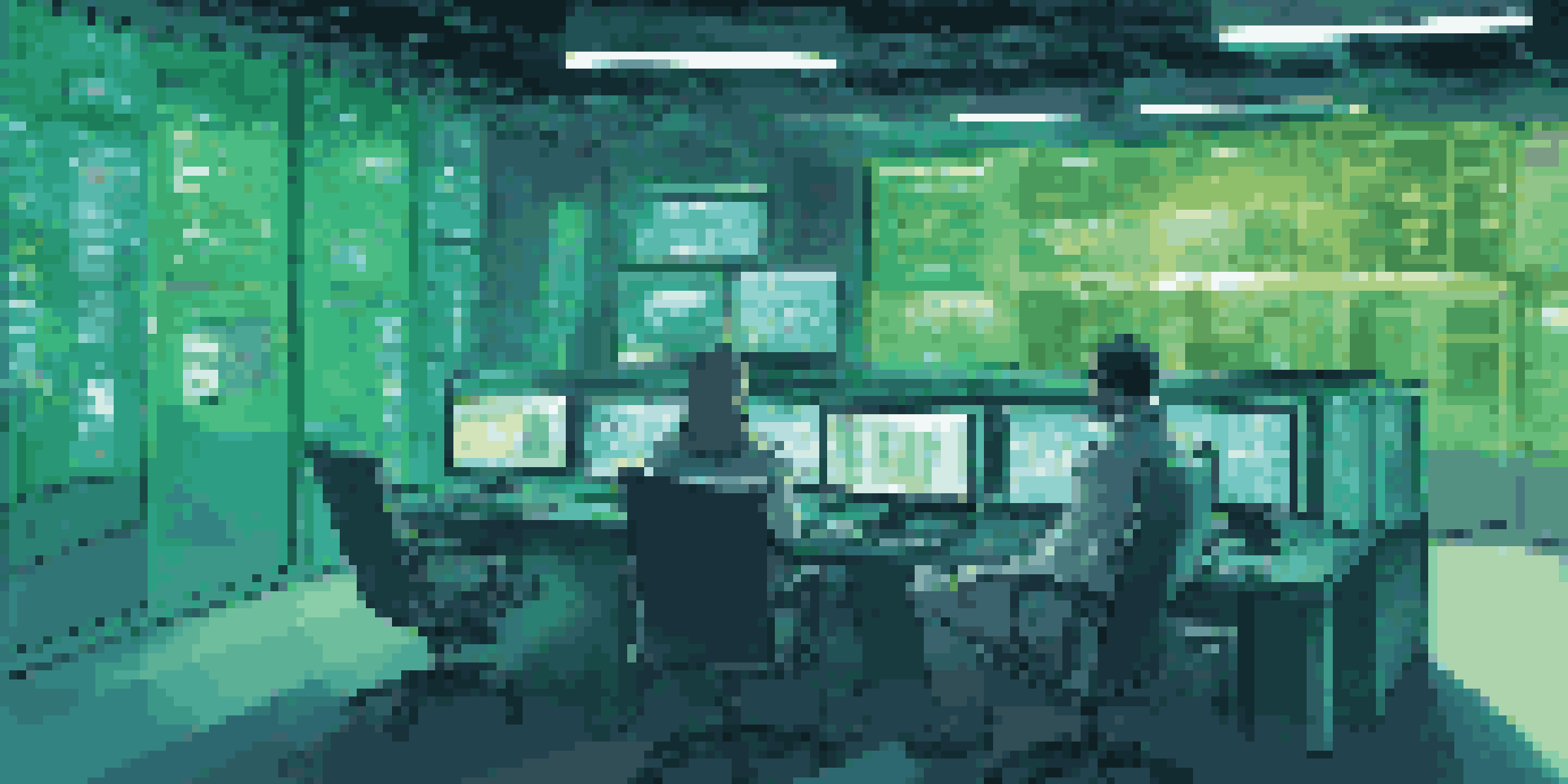 A person in a digital security room surrounded by monitors displaying user access logs, emphasizing the theme of continuous monitoring.