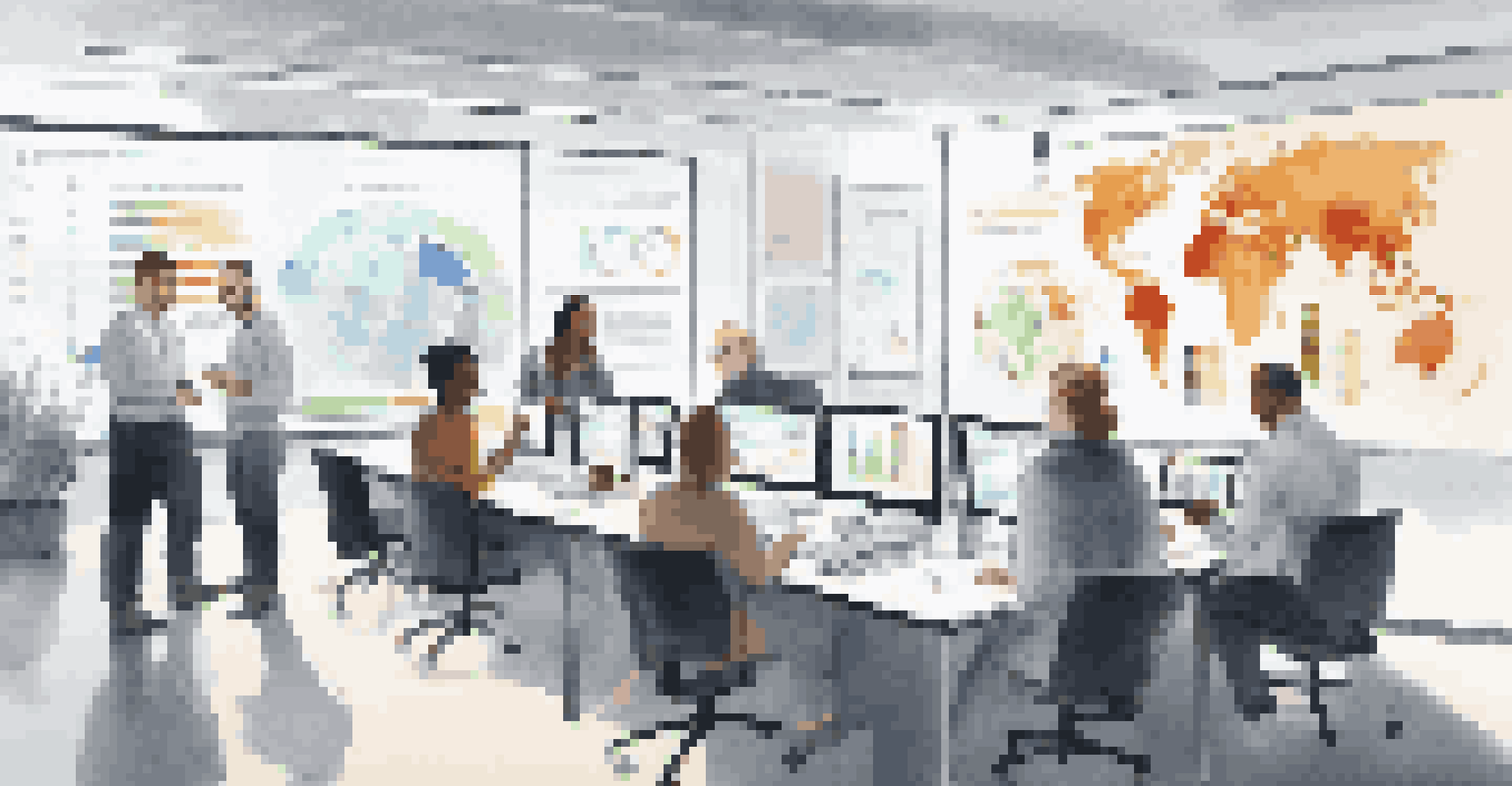 A diverse group of employees in an office training session about data transparency, with a screen displaying infographics.