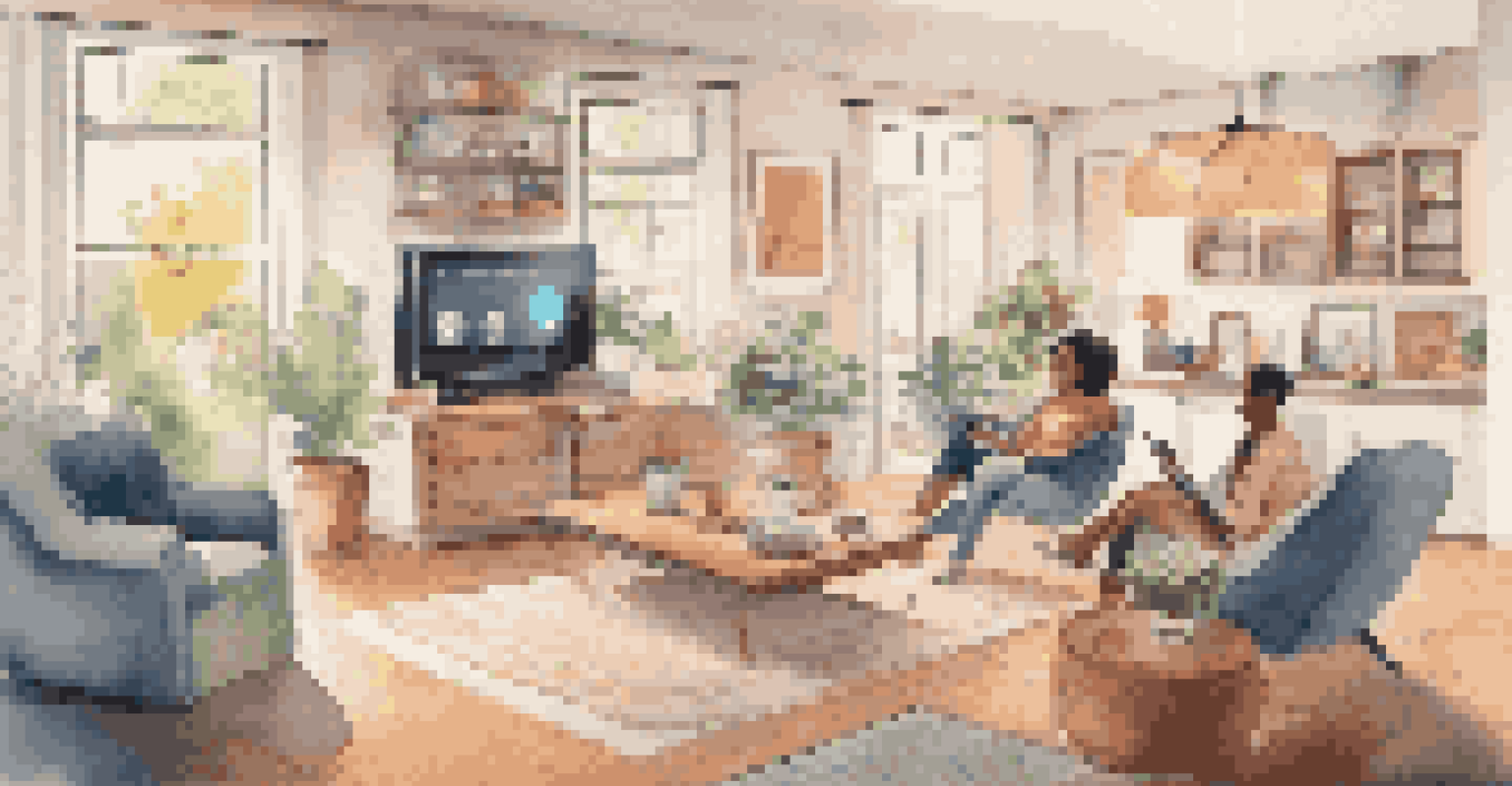 A cozy smart home interior with a family interacting, featuring various connected devices displaying data on a screen.