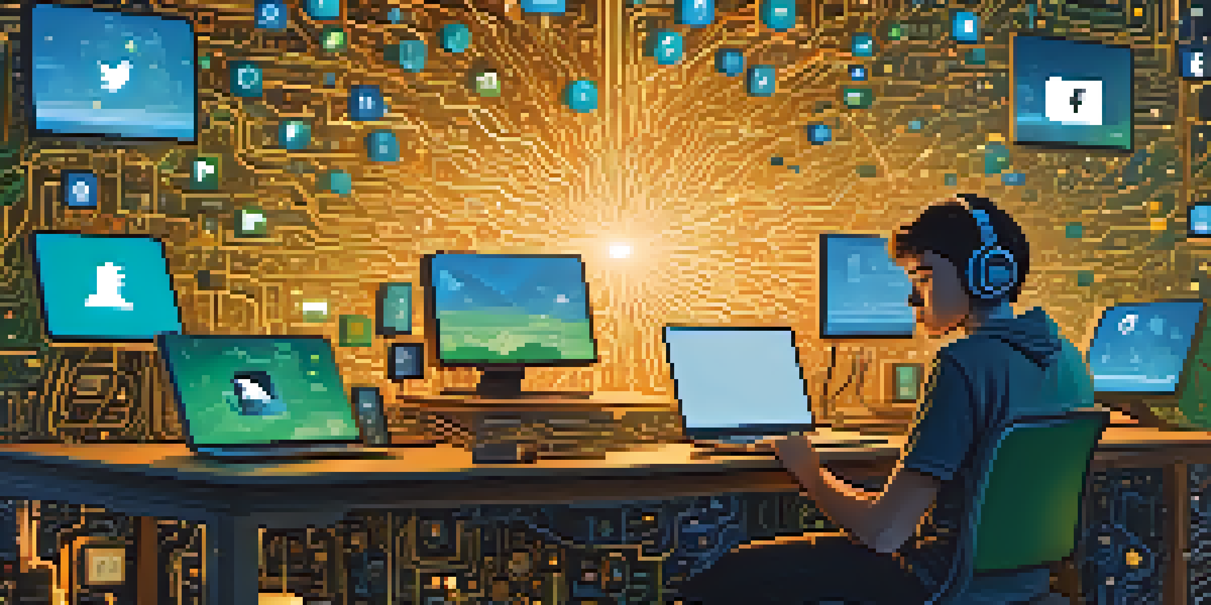 A person at a computer with floating icons representing social media and data in a warm, golden-lit environment.
