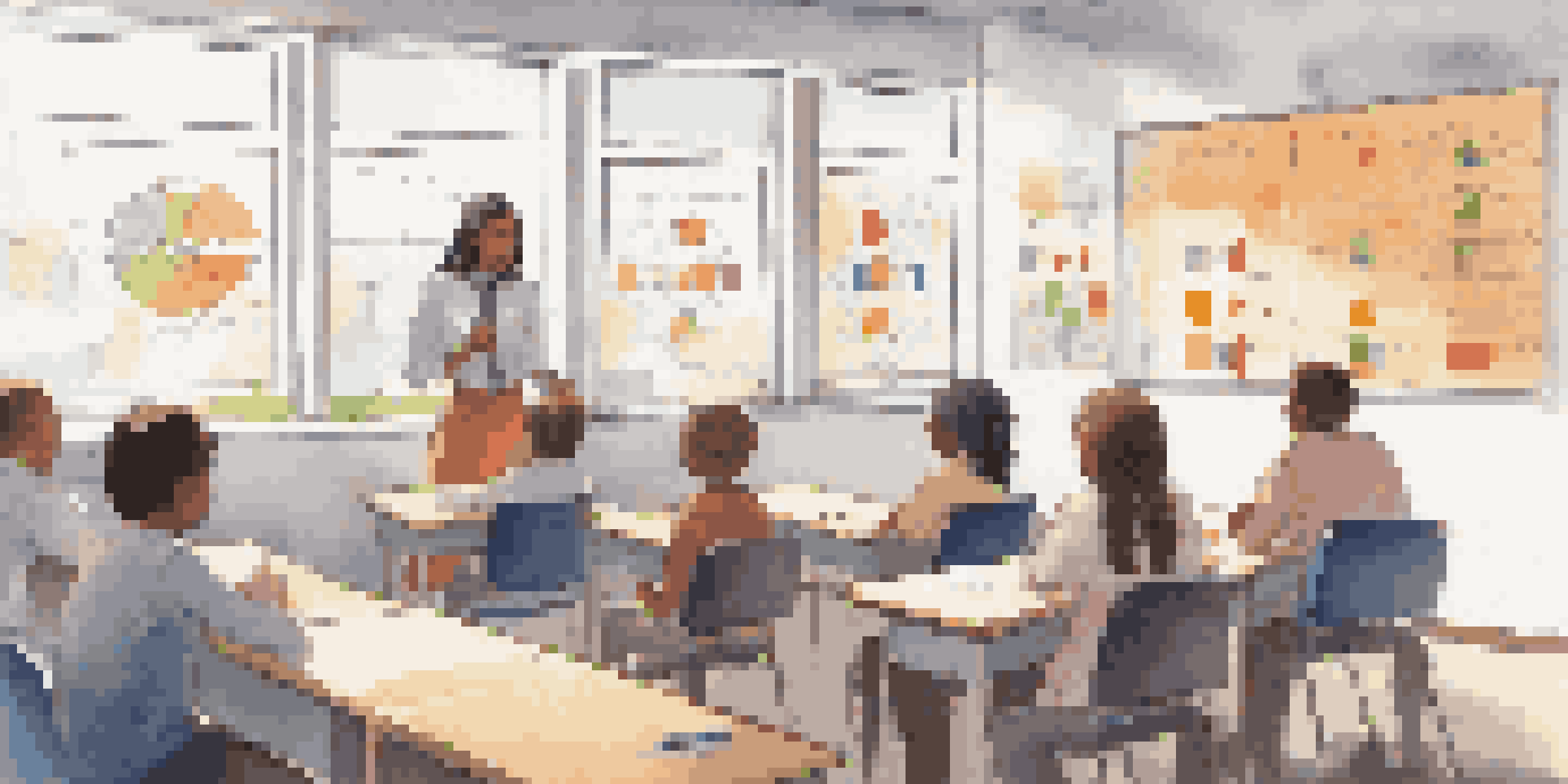 A teacher in a classroom explaining K-Means Clustering with colorful charts while students attentively take notes.