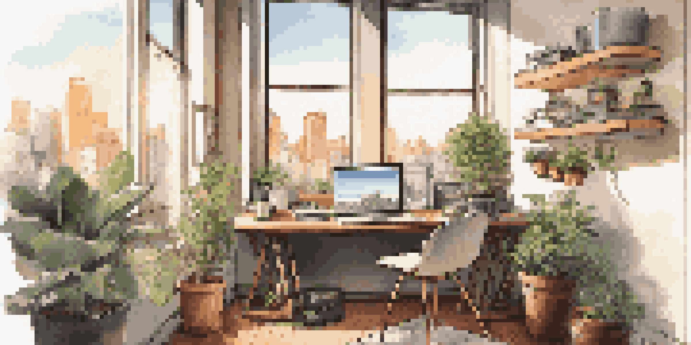 A bright office workspace featuring a laptop, coffee cup, and design sketches on a desk, with a view of a cityscape through a large window.