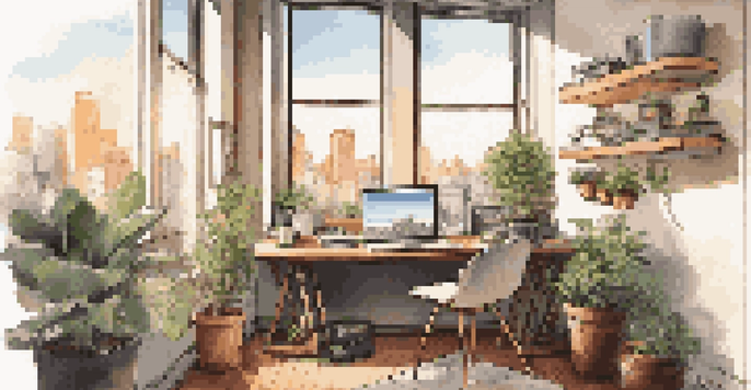 A bright office workspace featuring a laptop, coffee cup, and design sketches on a desk, with a view of a cityscape through a large window.