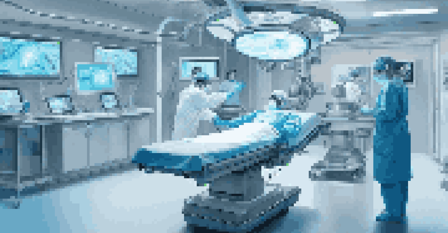 A surgical room featuring a surgeon using a holographic display of a surgical robot's digital twin to practice a procedure.
