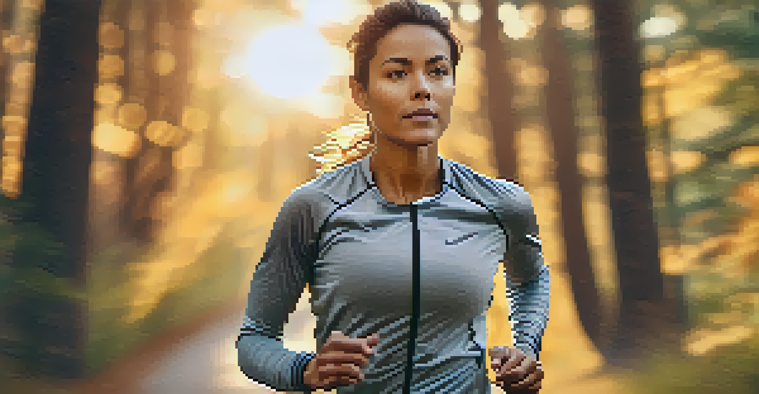 A jogger wearing a fitness tracker on a scenic trail during sunset.