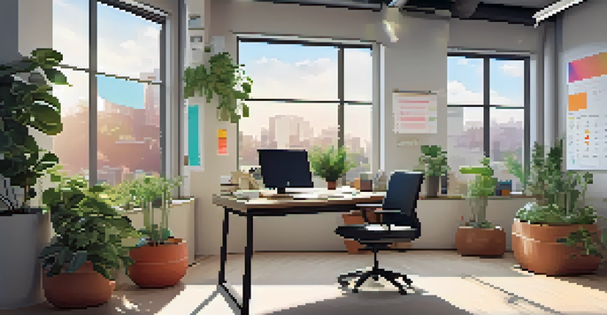 A bright office space with a modern desk, a laptop, potted plants, and a whiteboard featuring colorful charts.
