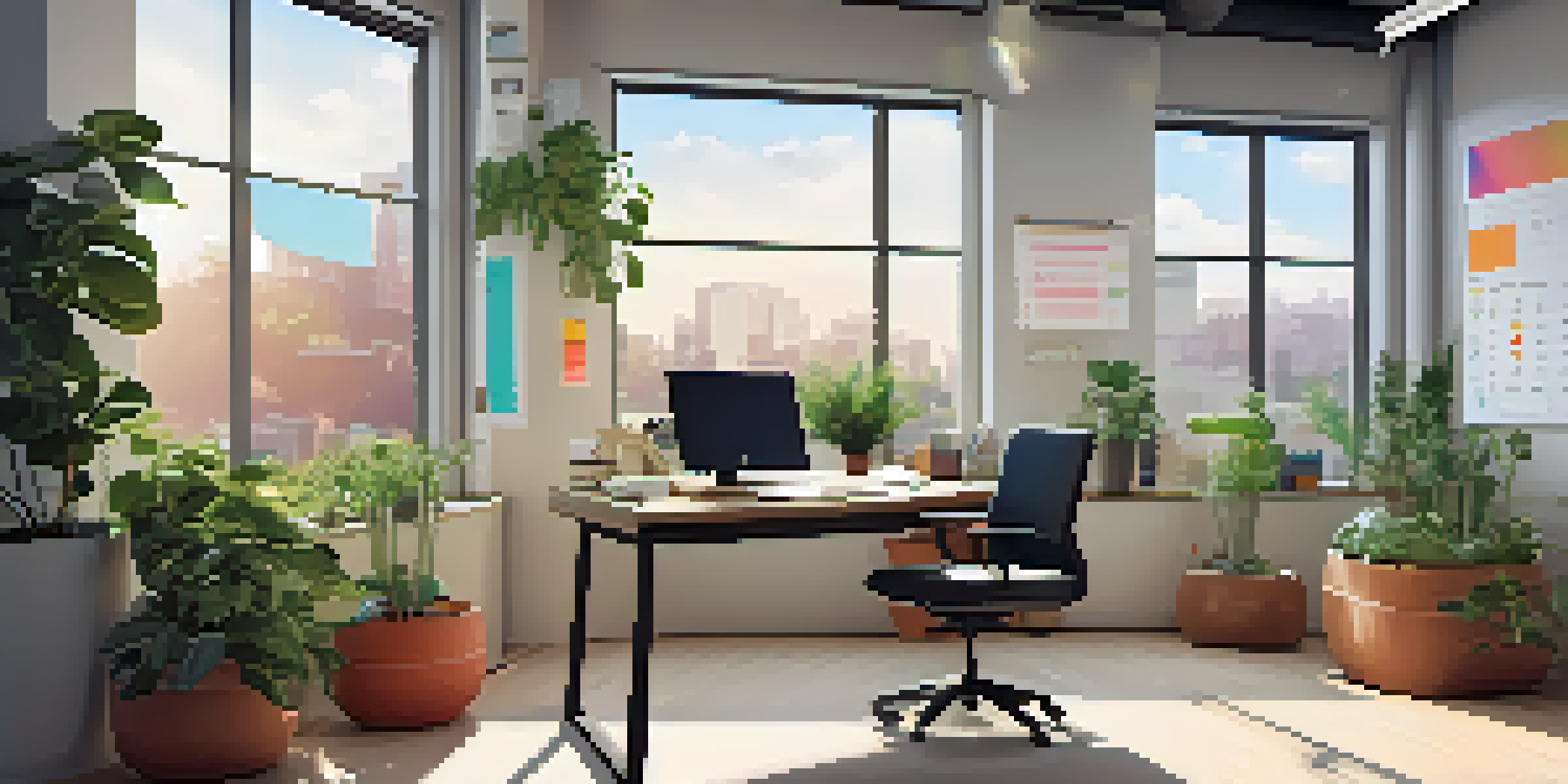 A bright office space with a modern desk, a laptop, potted plants, and a whiteboard featuring colorful charts.