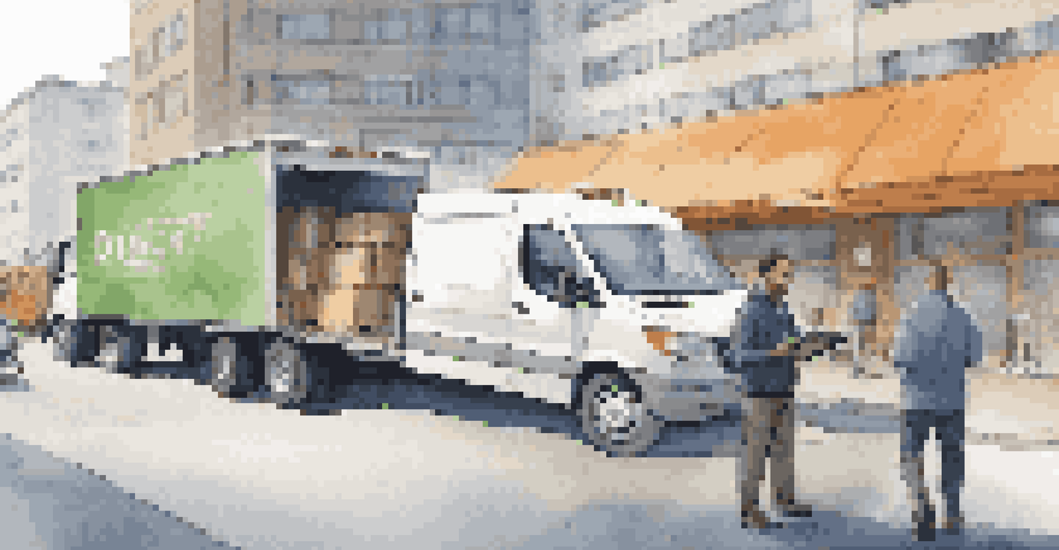 A delivery truck in a loading area with a fleet manager using a tablet to analyze telematics data in a busy urban setting.