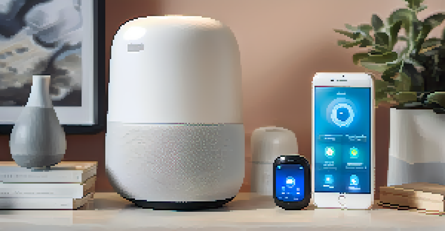 A close-up view of a smart speaker and other smart home devices, with a tablet showing a home automation app, set against a blurred background.