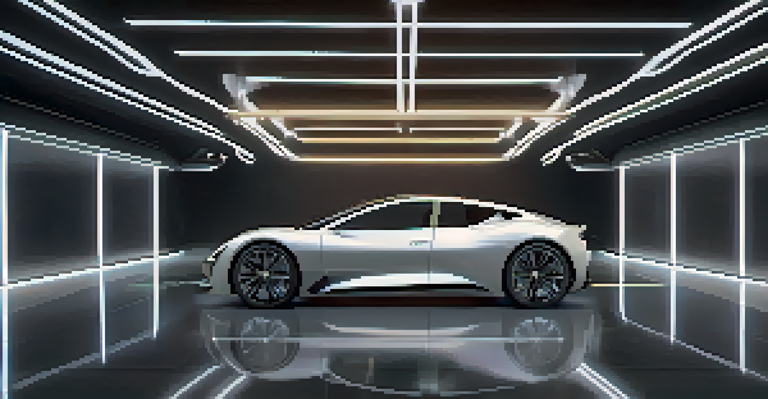 A detailed digital twin model of a car with performance metrics displayed in a futuristic setting.