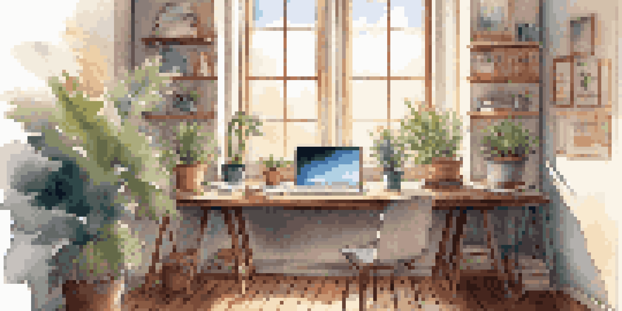 A modern workspace with a laptop, colorful stationery, and a potted plant, illuminated by soft natural light from a large window.