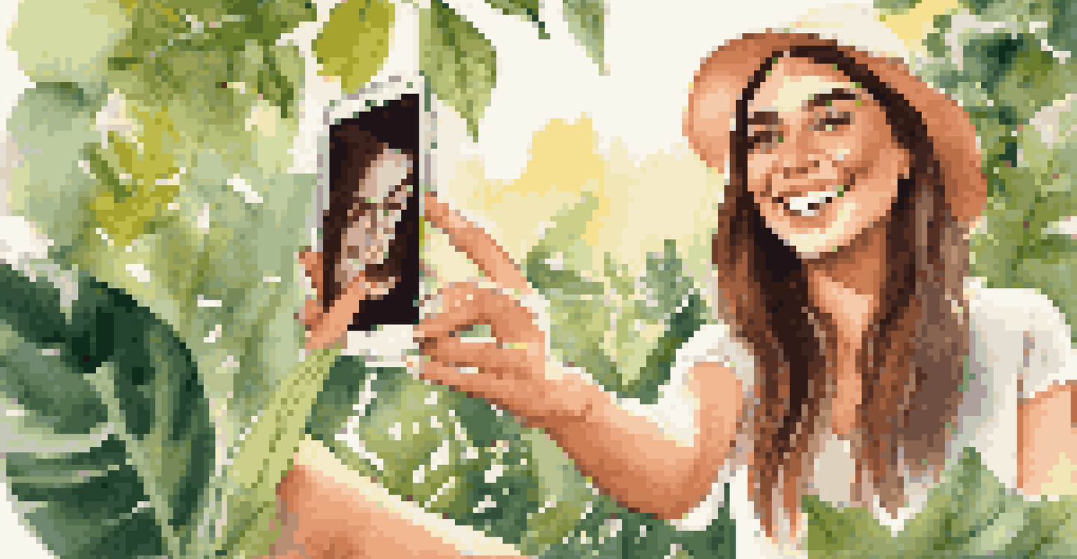A lifestyle influencer taking a selfie with a product in a sunlit outdoor setting surrounded by greenery.