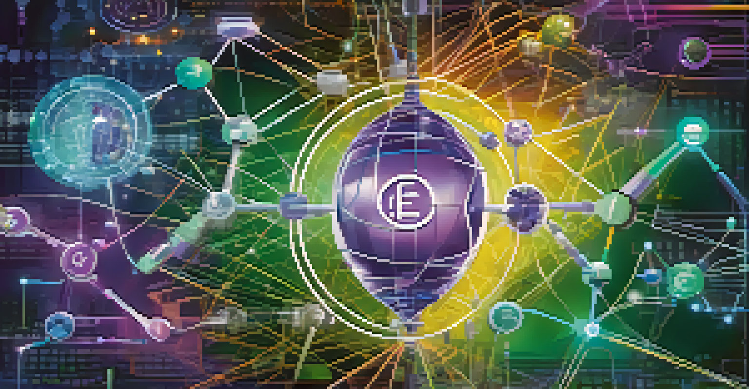 An abstract image showing the impact of quantum computing on healthcare, finance, and energy with interconnected nodes.
