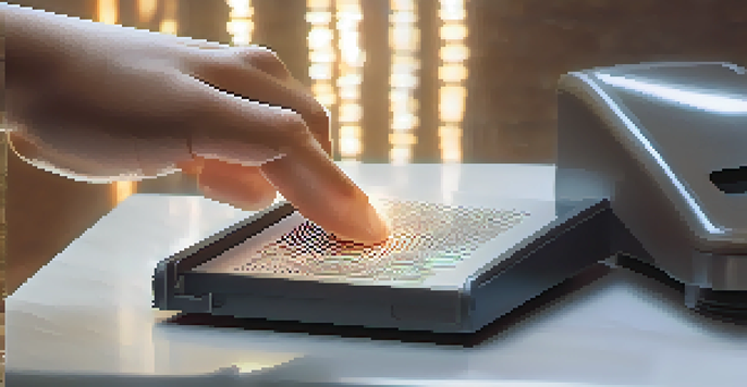 A close-up view of a fingerprint scanner with a finger placed on it, surrounded by a softly blurred background.
