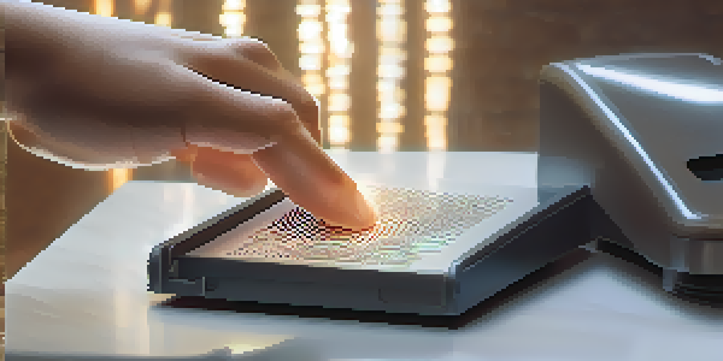 A close-up view of a fingerprint scanner with a finger placed on it, surrounded by a softly blurred background.