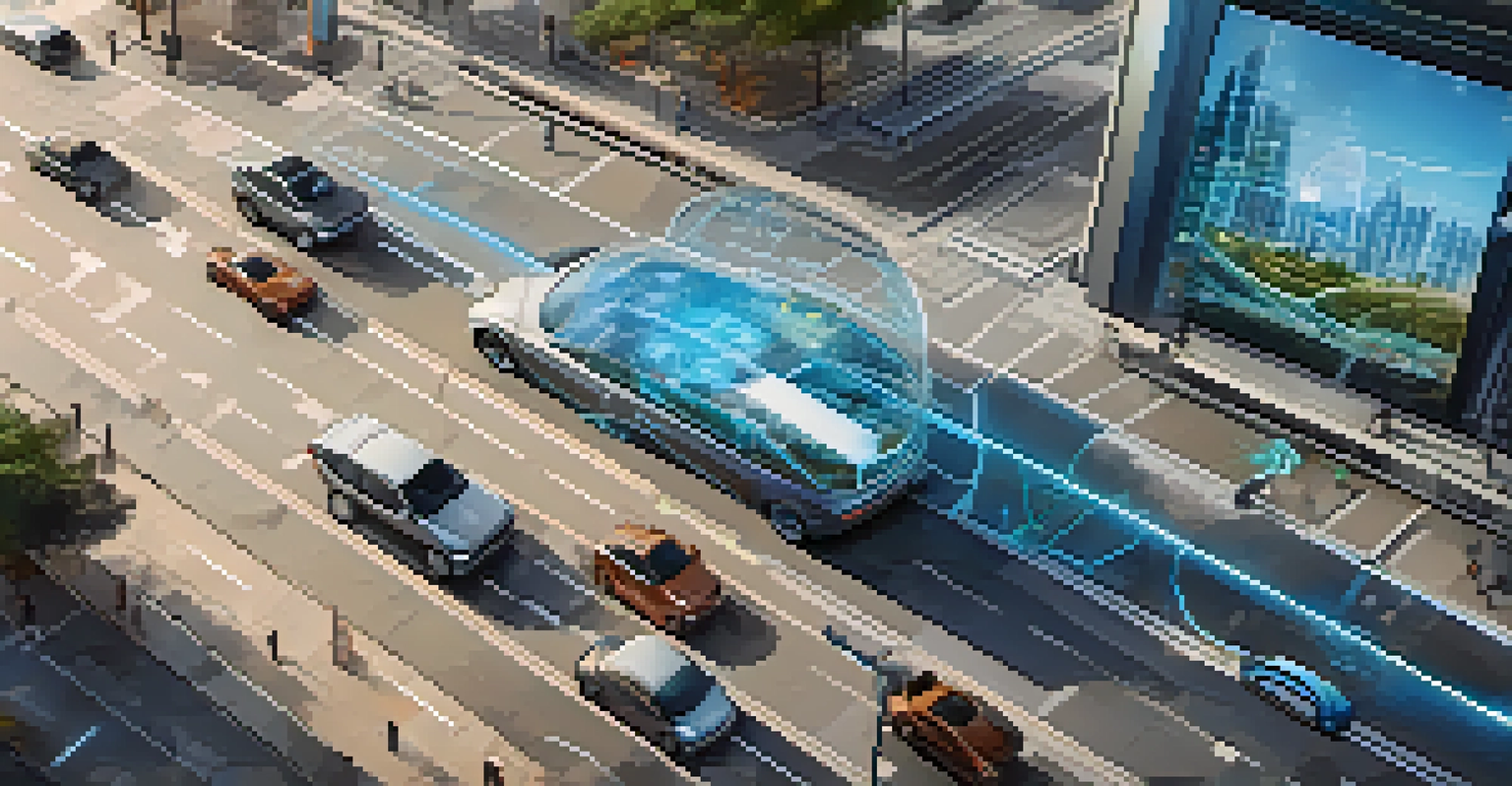 Futuristic autonomous vehicles in a smart city using edge computing, with digital data streams and IoT devices illustrated around them.
