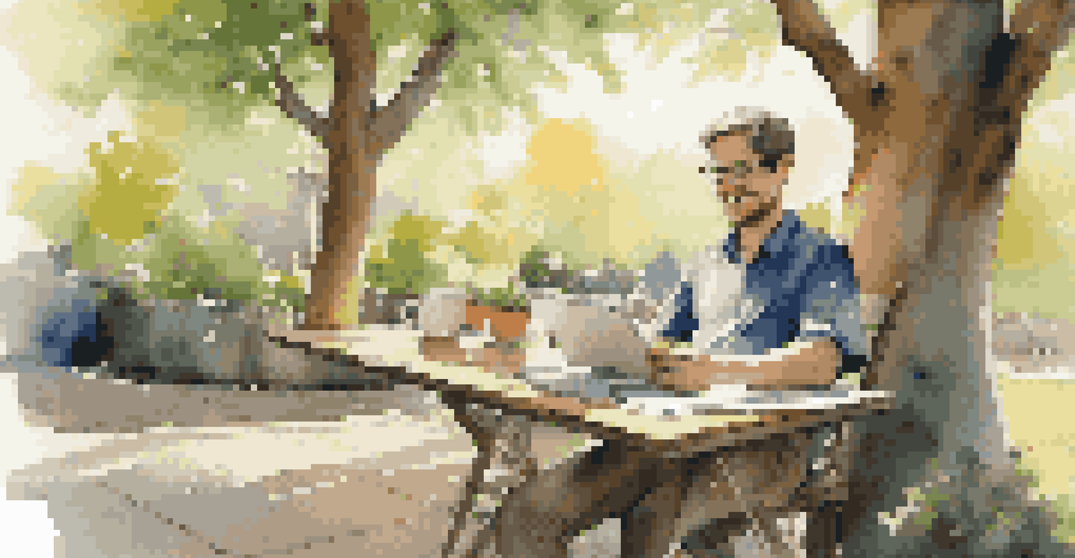A small business owner outdoors, using a tablet with a chatbot app, surrounded by nature and a cozy setup.