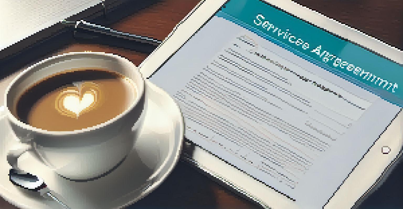 A close-up of a computer screen showing a service level agreement document with a coffee cup and notepad on the desk.