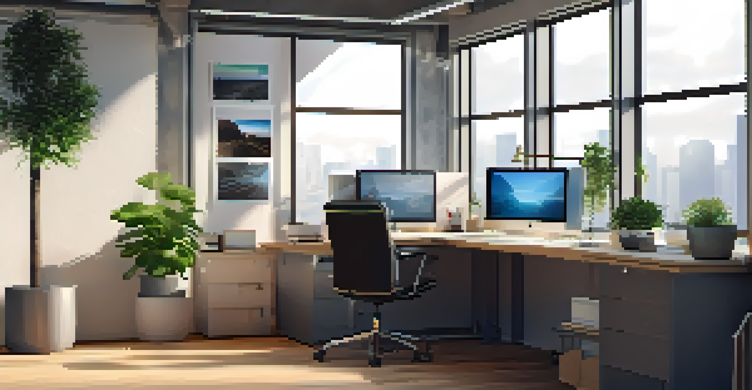 A modern office desk with a computer showing a cloud security dashboard, illuminated by natural light.