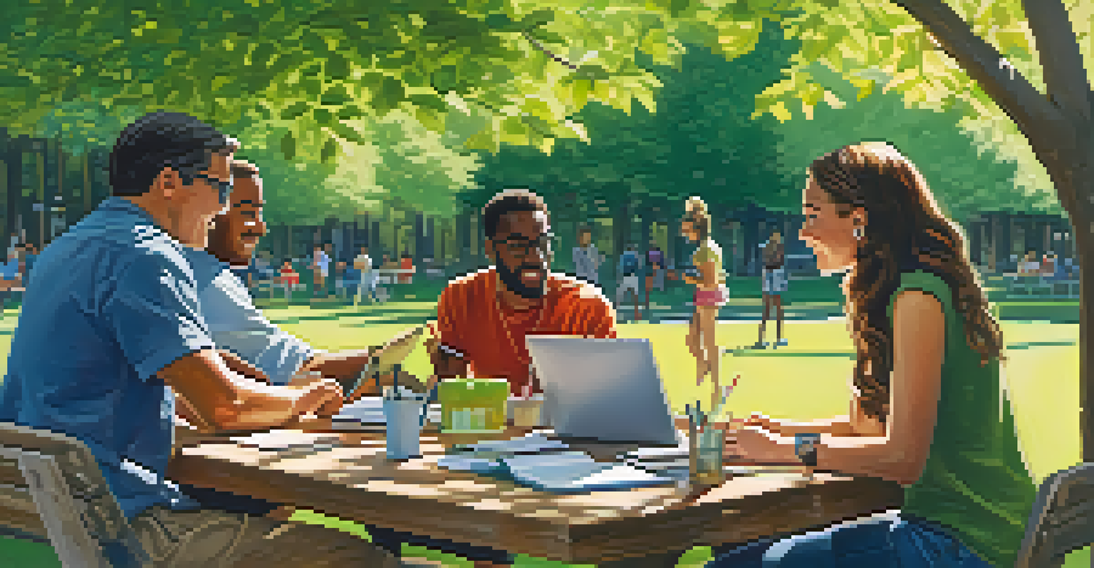 A diverse group of people discussing with laptops on a picnic table in a sunny park surrounded by trees.