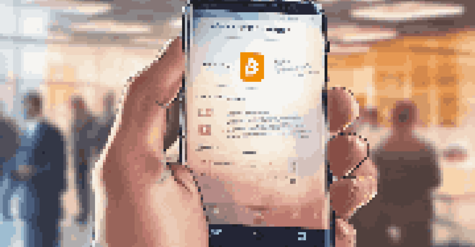 A close-up of a hand holding a transparent smartphone showing a blockchain ledger, set against a warm-lit office background.