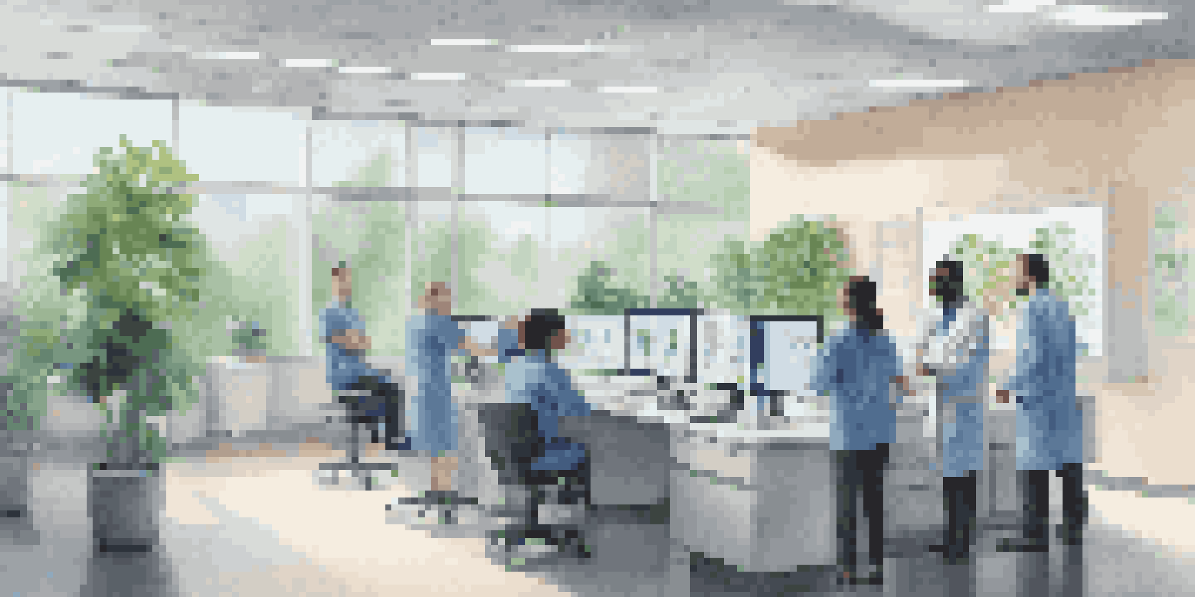 A bright healthcare office with professionals discussing AI analytics on a large screen, featuring plants and natural light.