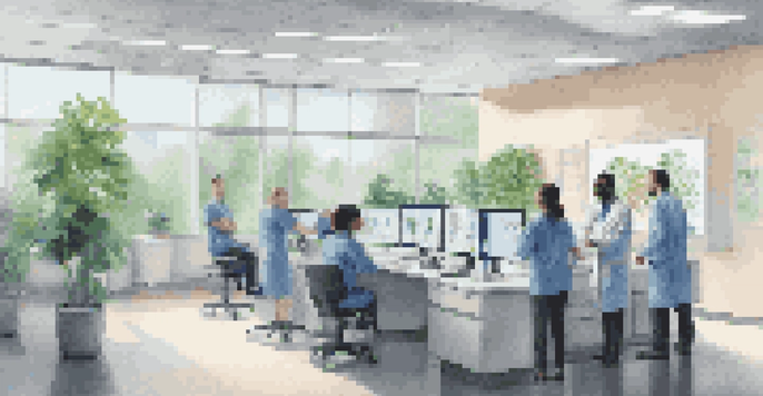 A bright healthcare office with professionals discussing AI analytics on a large screen, featuring plants and natural light.