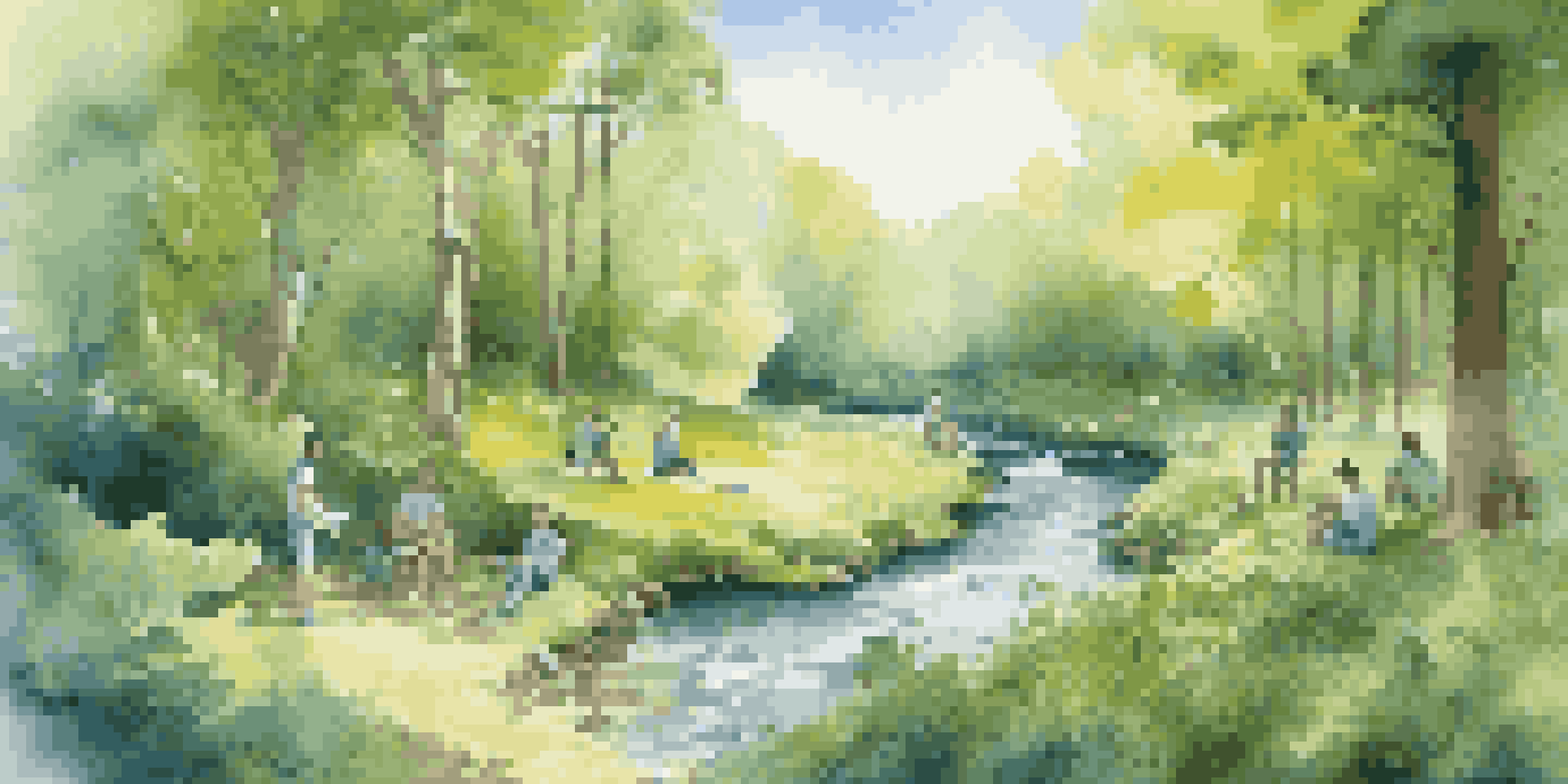 A vibrant forest scene with sunlight, a flowing stream, and diverse software developers discussing amidst nature, representing sustainable software development.