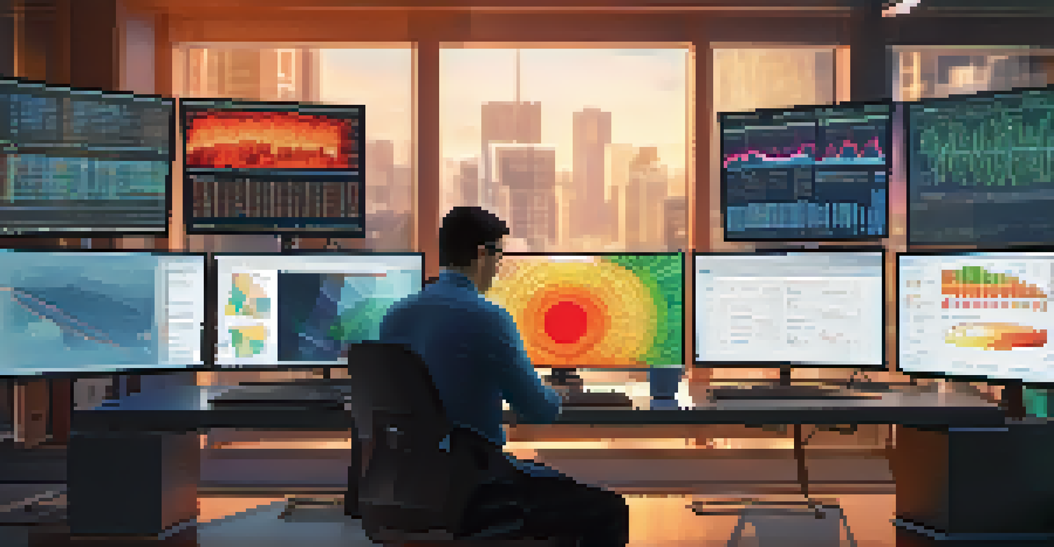 A data analyst examining colorful data visualizations on multiple screens in a bright office environment.