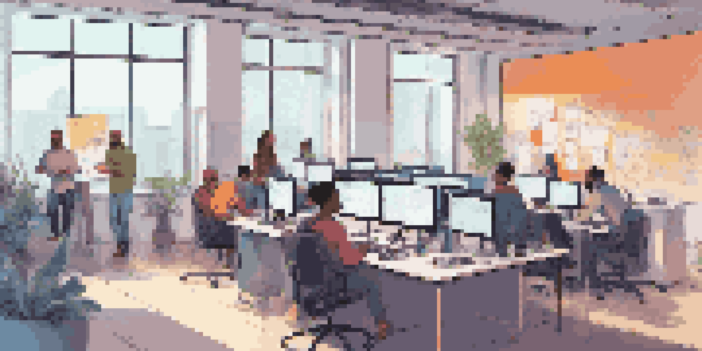 A diverse group of developers working together in a brightly lit office, with laptops and a whiteboard filled with ideas.