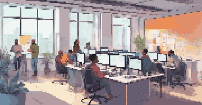 A diverse group of developers working together in a brightly lit office, with laptops and a whiteboard filled with ideas.