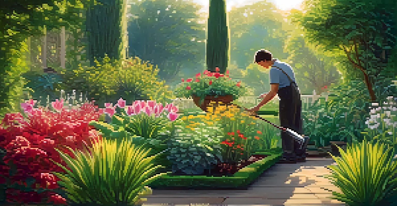 A peaceful garden with colorful flowers and a gardener nurturing plants under soft sunlight.