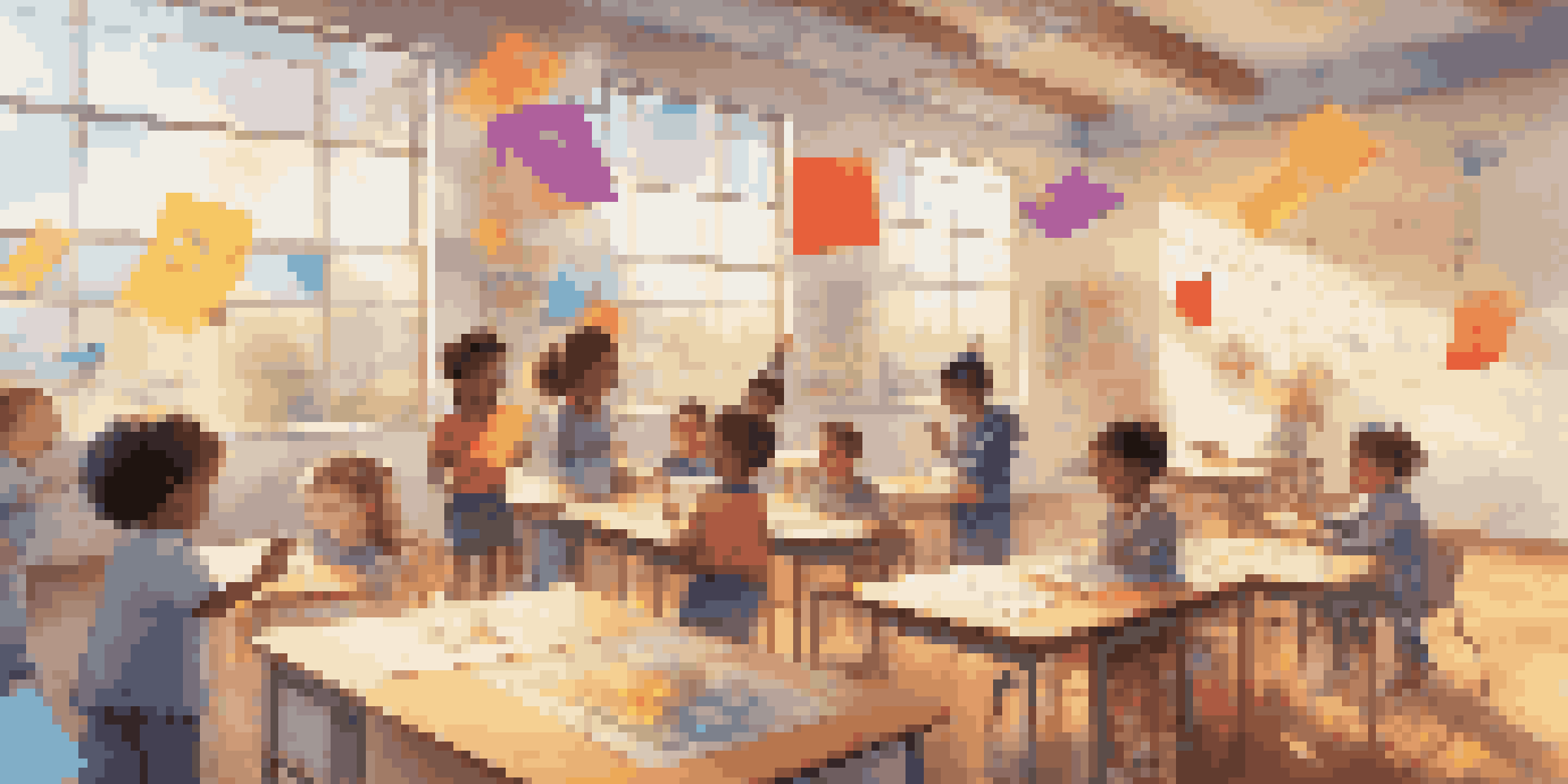 A classroom filled with children wearing augmented reality glasses, engaging with digital math shapes and equations in a bright, colorful environment.
