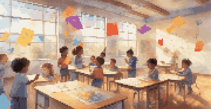 A classroom filled with children wearing augmented reality glasses, engaging with digital math shapes and equations in a bright, colorful environment.