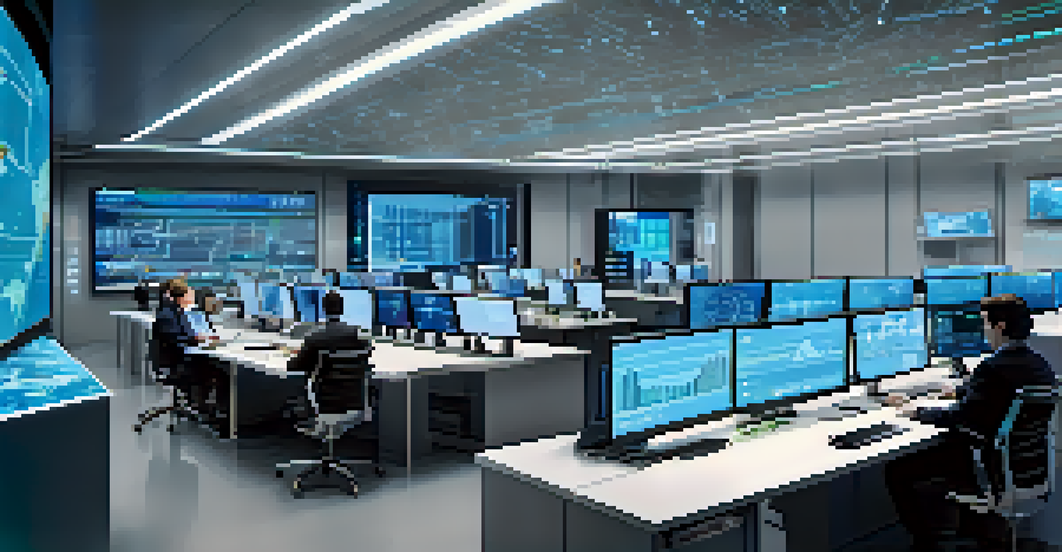 A high-tech supply chain control room with screens showing blockchain data and professionals analyzing it.