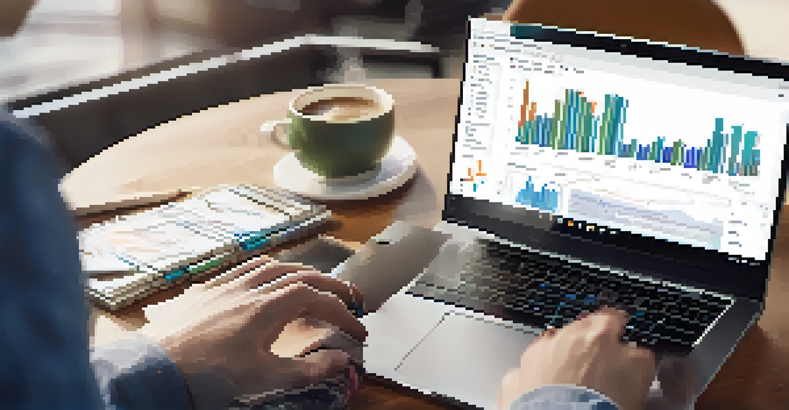A close-up of hands typing on a laptop showing Google Analytics data, with a blurred background of a coffee cup and notebooks.