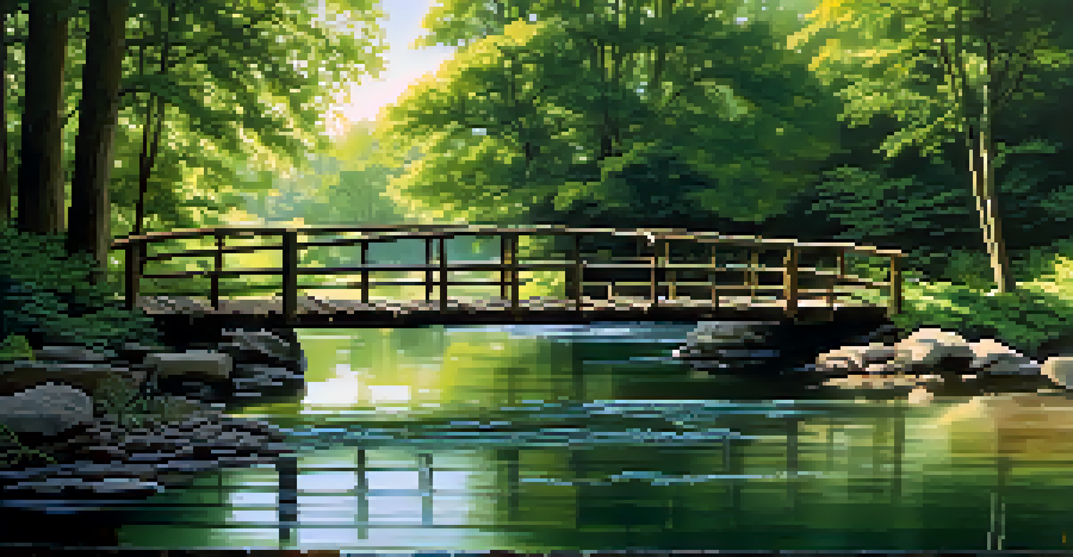 A peaceful river landscape with greenery and a wooden bridge under sunlight.