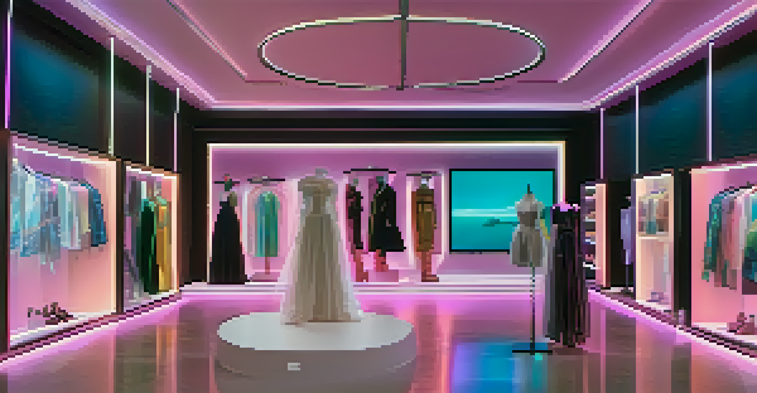 A user interacting with holographic fashion items in a futuristic virtual showroom with ambient lighting.