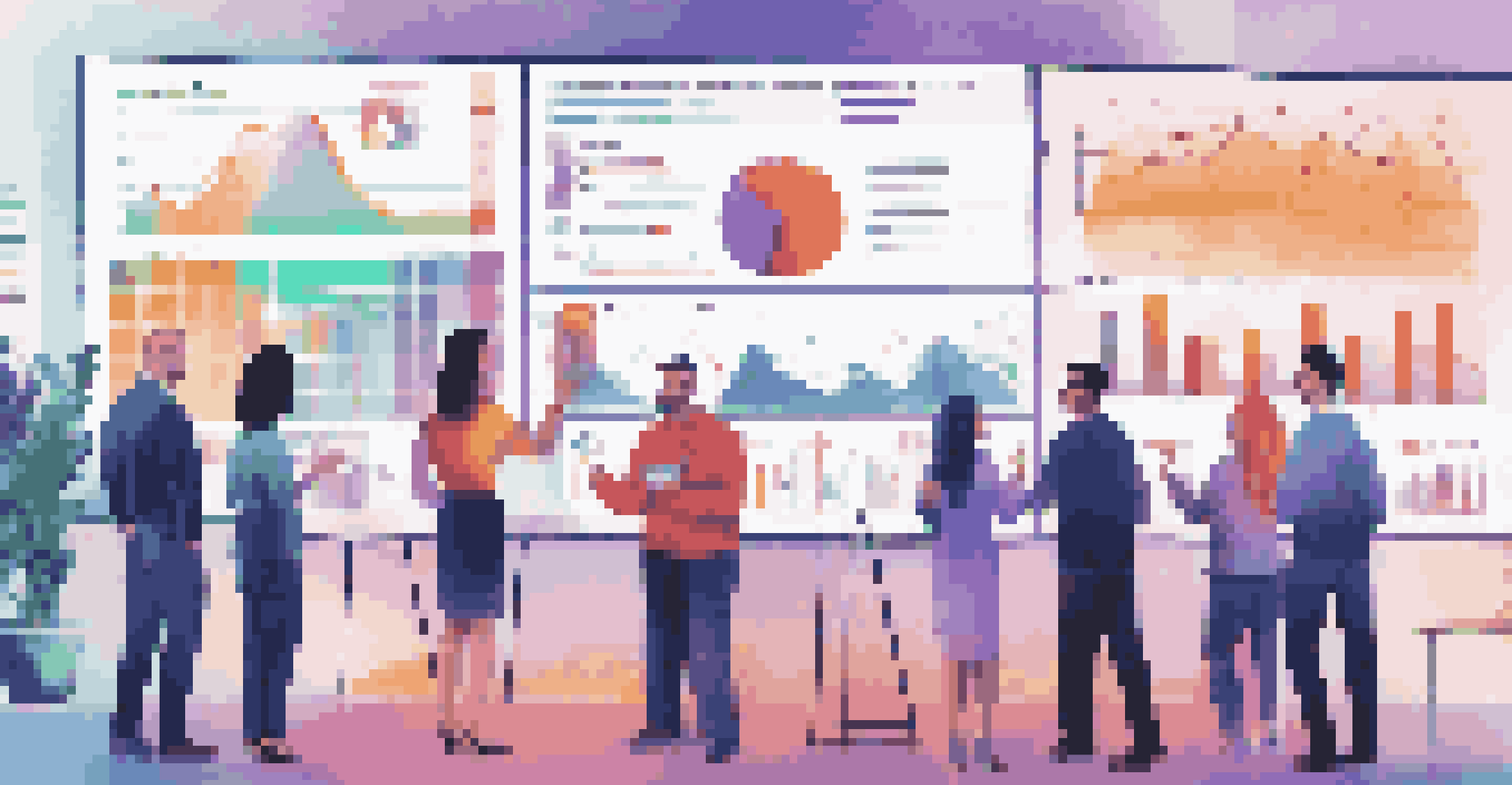 A diverse group of affiliates collaborating around a screen displaying colorful marketing analytics in a lively office.