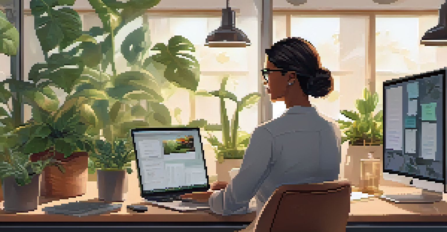 An engaged employee learning from a training module on a computer in a well-organized workspace.