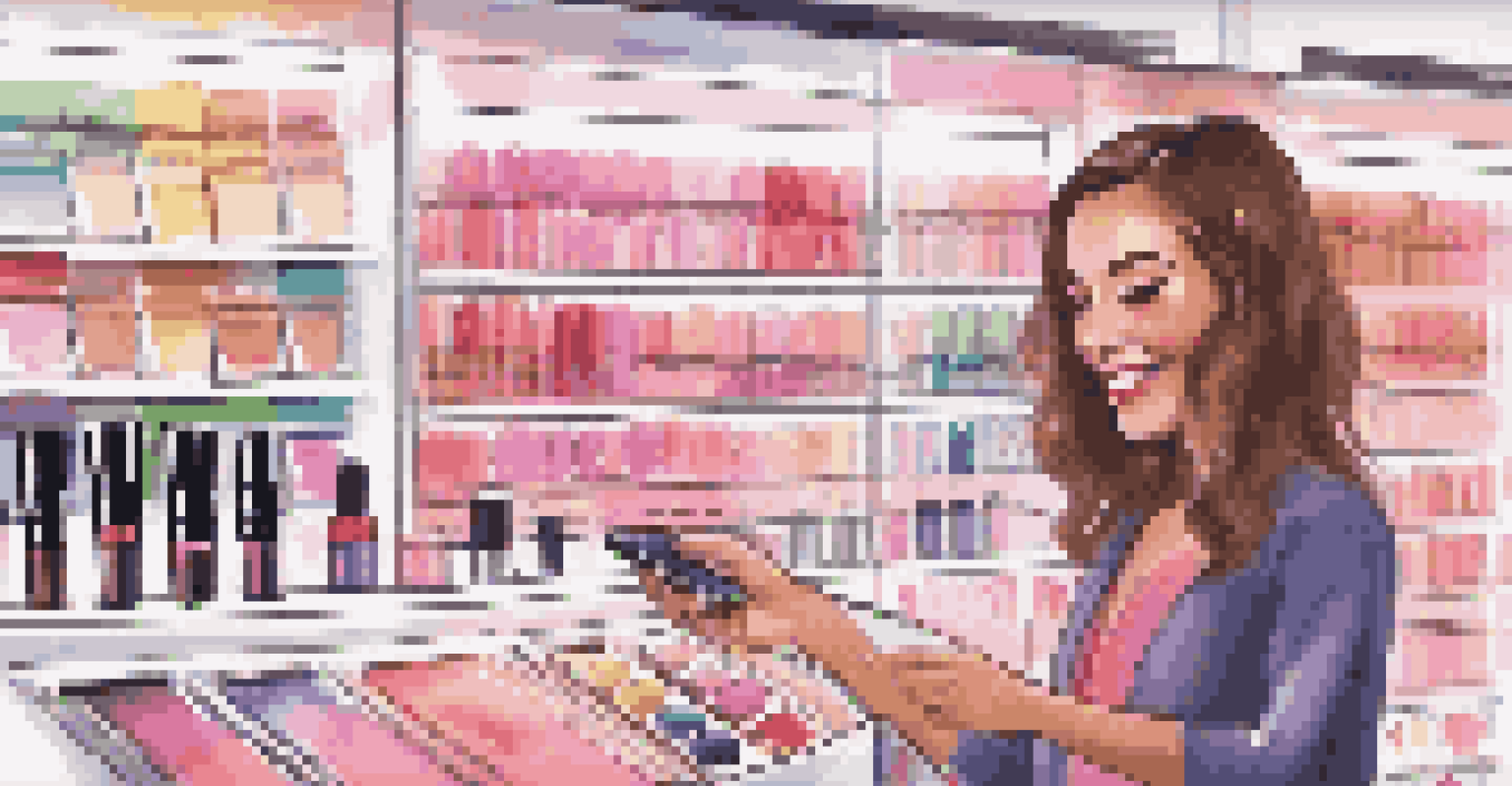A cosmetics store where a customer interacts with a lipstick tube using augmented reality to watch a tutorial video.