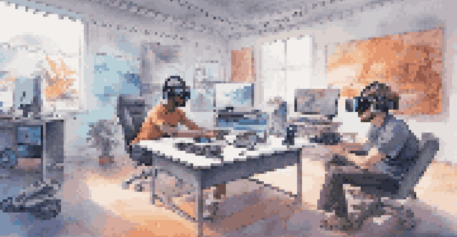 A modern VR gaming setup with adaptive controllers, a user interacting with technology, and supportive visual aids.