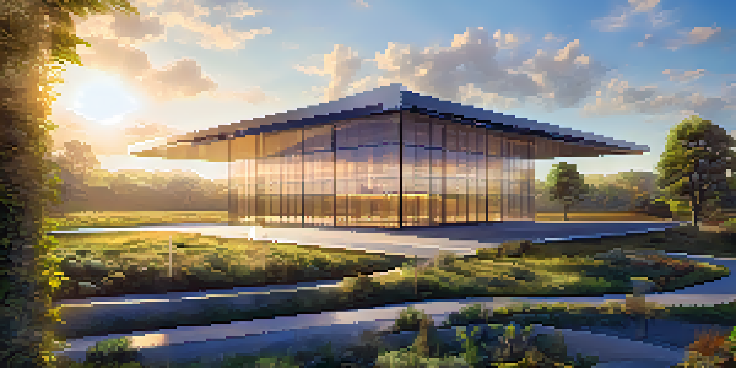 A modern data center integrated into a green landscape with solar panels and wind turbines, illuminated by warm sunlight.