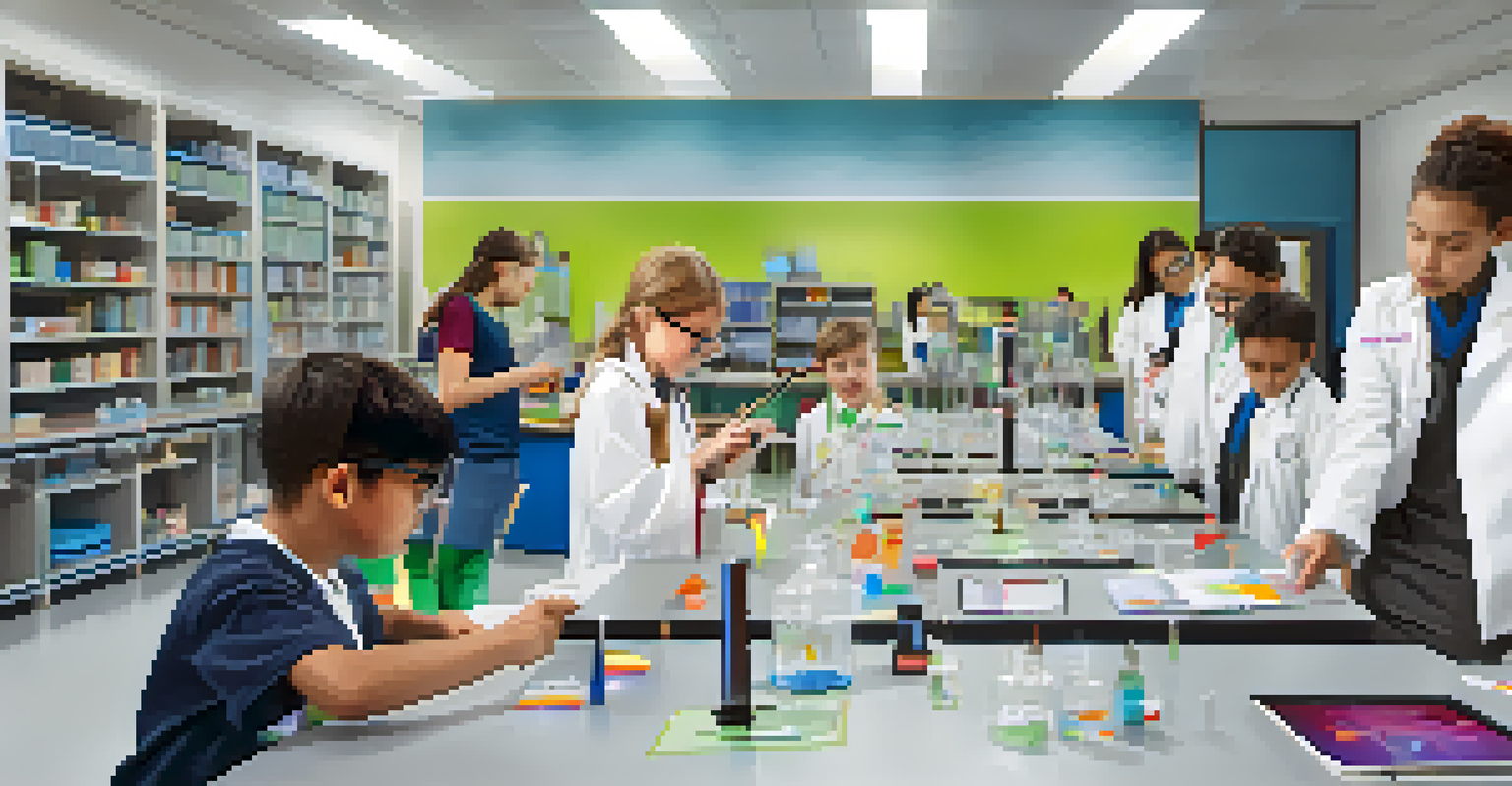 A science lab scene with a teacher and students using augmented reality tools for an interactive experiment, surrounded by lab equipment.