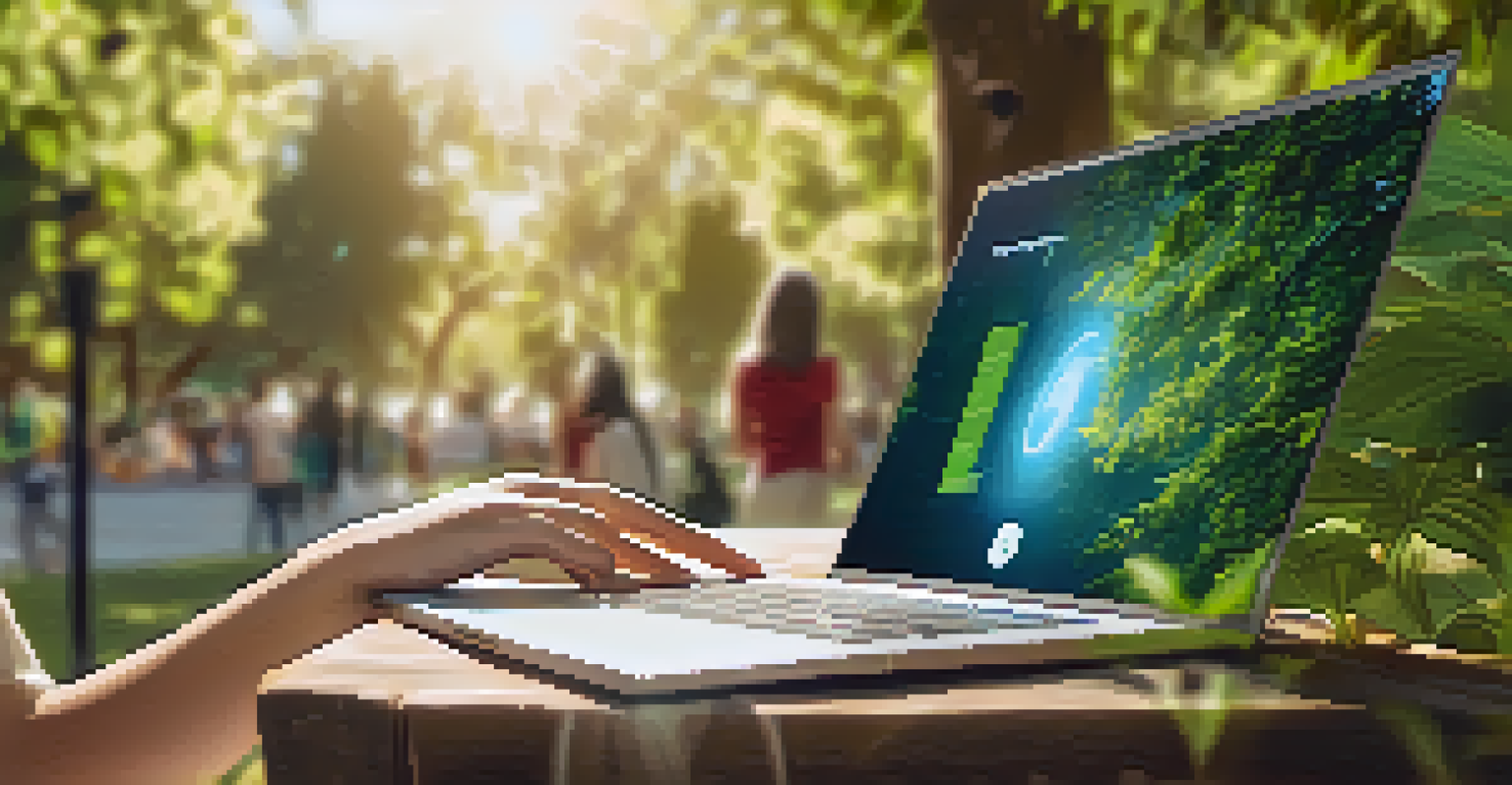 A person using a laptop outdoors, focused on a digital identity management interface in a peaceful park setting.