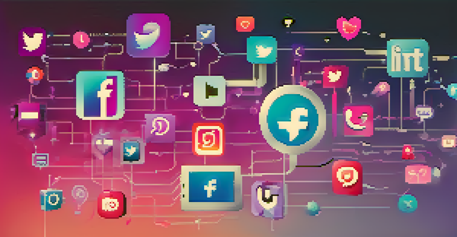 A colorful abstract representation of social media icons connected by lines, showcasing interaction and engagement.