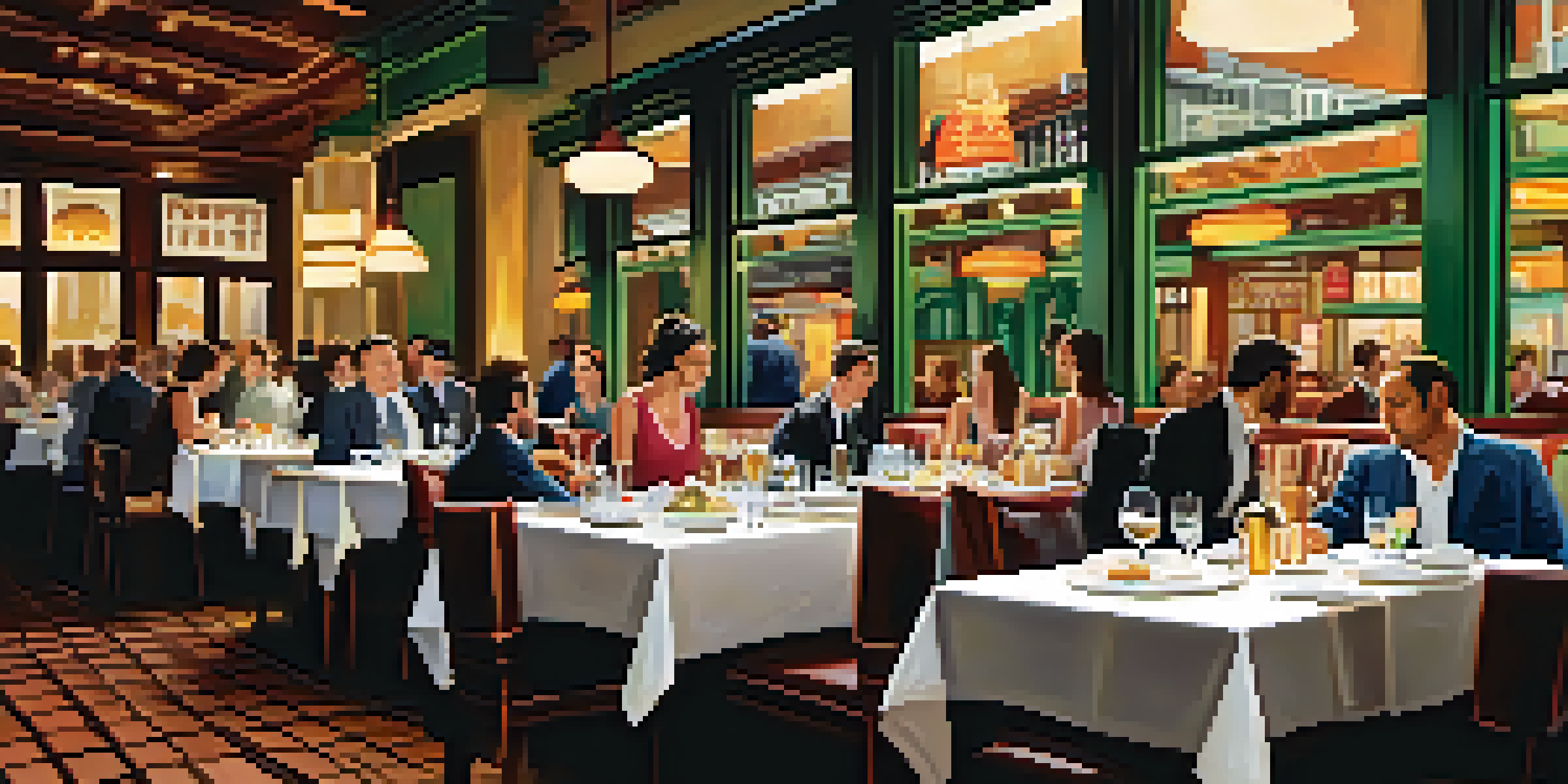 A busy restaurant filled with diverse customers enjoying their meals, with waitstaff serving food in a cozy ambiance.
